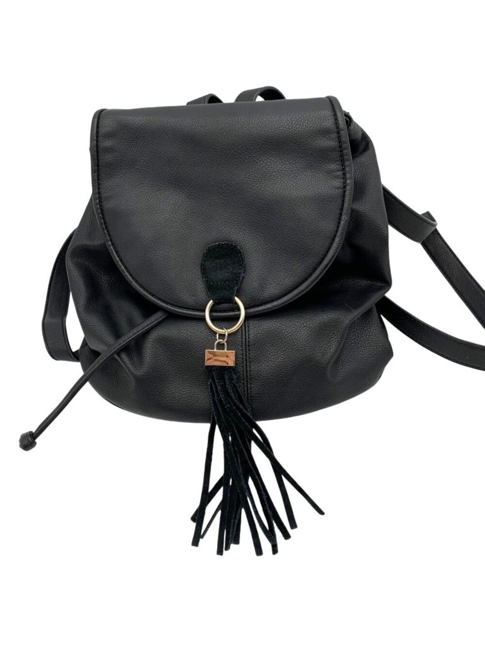 Forever 21 Black Faux Leather Backpack Purse Drawstring Tassel Boho Minimalist